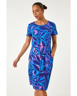 Roman Petite Abstract Leaf Pocket Stretch Dress - Blue