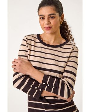 Roman Stripe Scallop Neck Knit Jumper - Brown