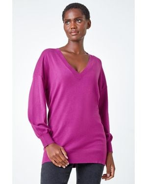 Roman Stretch V-Neck Longline Jumper - Pink