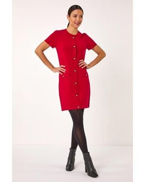 Roman Knitted Button Detail A-Line Dress - Red