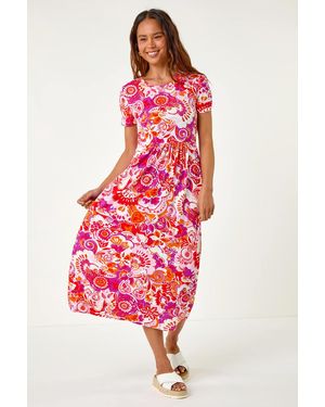 Roman Petite Paisley Print Midi Stretch Dress - Red