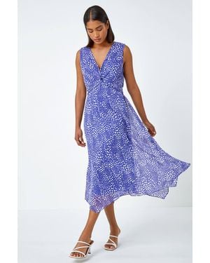 Roman Sleeveless Abstract Knot Front Midi Dress - Blue