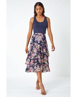 Roman Floral Elastic Waist A Line Tiered Skirt - Blue