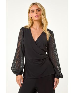 Roman Petite Petite Jacquard Contrast V-Neck Wrap Top - Black