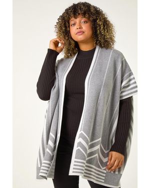 Roman Curve Stripe Hem Square Poncho - Black