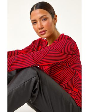 Roman Geometric Print V-Neck Stretch Top - Red