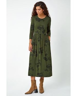 Roman Floral Print Midi Stretch Dress - Green