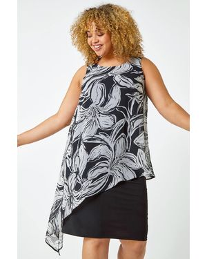 Roman Curve Contrast Floral Chiffon Overlay Dress - Black