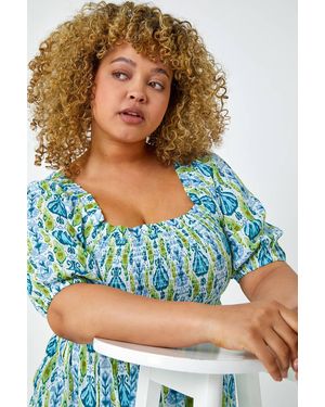 Roman Curve Aztec Print Shirred Peplum Top - Blue