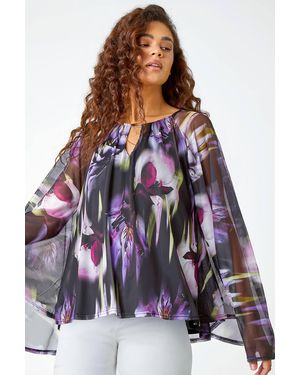 Roman Floral Print Mesh Stretch Top - Purple