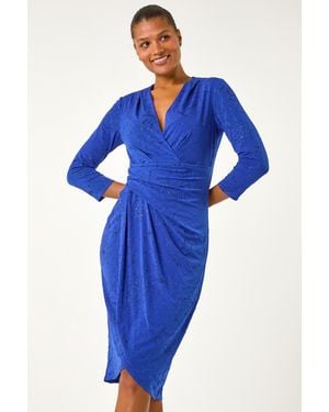 Roman Floral Glitter Print Wrap Stretch Dress - Blue