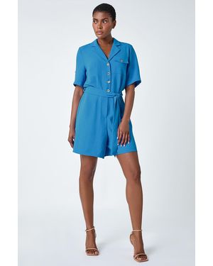 Roman Textured Tie Waist Playsuit - Blue