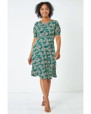 Roman Petite Shirred Sleeve Floral Dress - Green