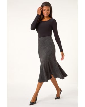 Roman Flared Textured Midi Stretch Skirt - Black