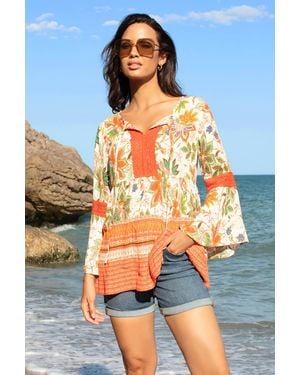 Roman Floral Border Print Boho Tie Tunic Top - Red