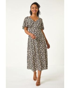 Roman Petite Ditsy Tea V-Neck Midi Dress - Black