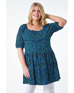 Roman Curve Floral Longline Stretch Shirred Top - Blue