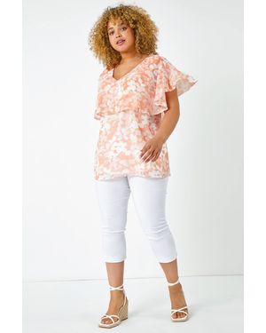 Roman Curve Floral V-Neck Chiffon Overlay Top - White