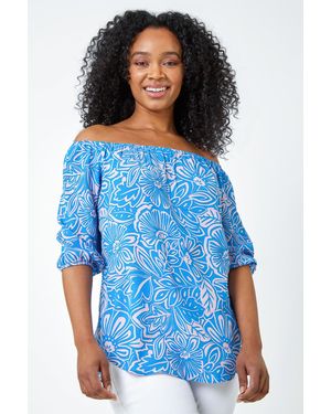 Roman Petite Floral Print Bardot Top - Blue