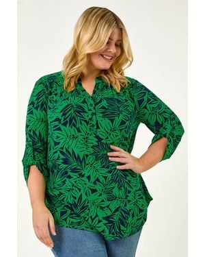 Roman Curve Leaf Print Button Stretch Shirt - Green