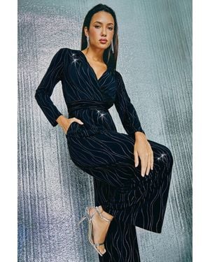 Roman Embellished Wide Leg Stretch Jumpsuit - Blue