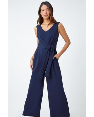 Roman Pleat Detail Wide Leg Stretch Jumpsuit - Blue