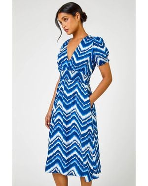 Roman Abstract Zig Zag Pocket Tea Dress - Blue