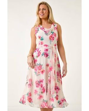 Roman Petite Floral Cowl Neck Midi Dress - Pink