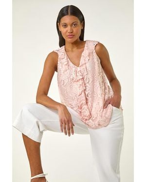 Roman Lace V-Neck Ruffle Front Top - Pink