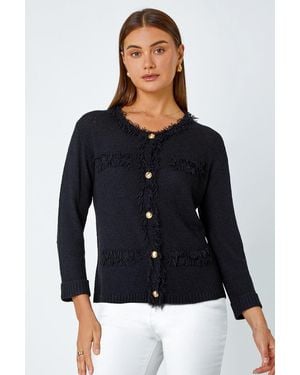 Roman Button Detail Fringe Knit Jacket - Black