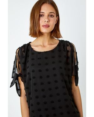 Roman Textured Spot Split Sleeve Chiffon Top - Black