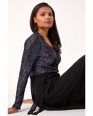 Roman Sequin V-Neck Stretch Wrap Midi Dress - Black