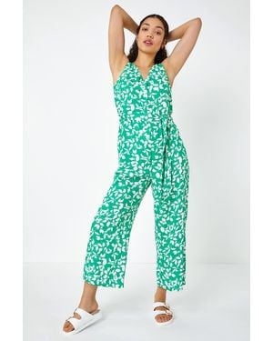 D.u.s.k Sleeveless Leaf Print Button Jumpsuit - Green