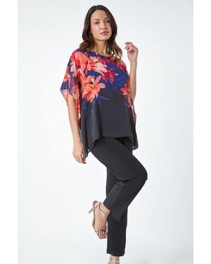 Roman Floral Print Chiffon Overlay Jumpsuit - Blue