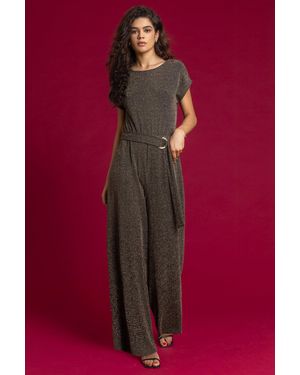 Roman Wide Leg Belted Shimmer Jumpsuit - Metallic