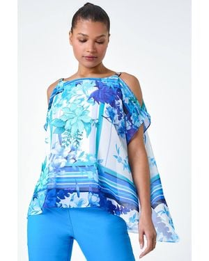 Roman Floral Print Cold Shoulder Overlay Top - Blue