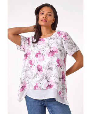 Roman Floral Print Layered Tunic Top - White