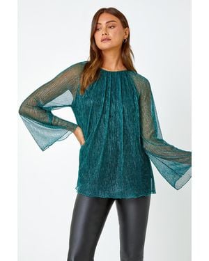 Roman Plisse Overlay Wide Sleeve Top - Green