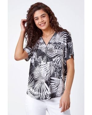Roman Palm Print V-Neck Zip Front Stretch Top - White