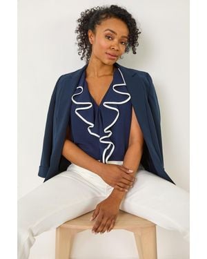 Roman Petite Contrast V-Neck Frill Front Top - Blue
