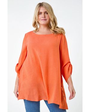 Roman Curve Button Detail Woven Top - Orange