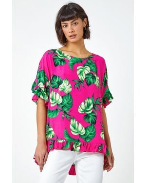 Roman Palm Print Frill Detail Oversized Top - Pink