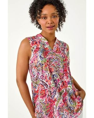 Roman Petite Paisley Pleat Front Button Top - Red