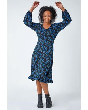 Roman Petite Floral Print Stretch Dress - Blue