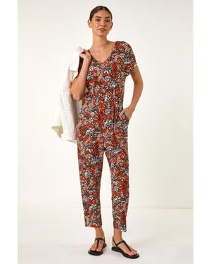 Roman Floral Print V-Neck Stretch Jumpsuit - Multicolour