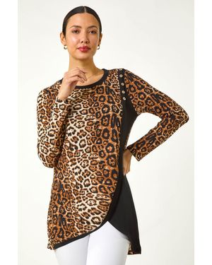 Roman Animal Print Button Detail Top - Black