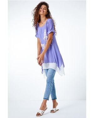 Roman Bird Print Asymmetric Tunic Top - Purple