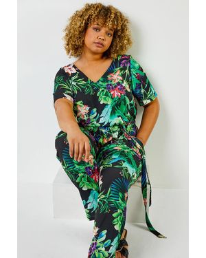 Roman Curve Tropical Print Jumpsuit - Black