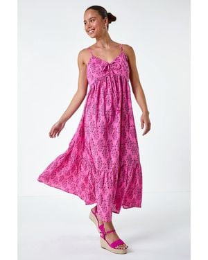 Roman Petite Paisley Tiered Cotton Midi Dress - Pink