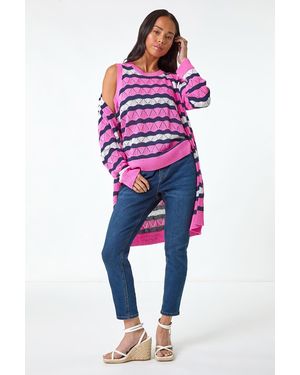 Roman Petite Stripe Pointelle Knit Cardigan - Purple